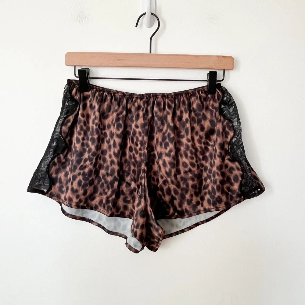 NEW Shapellx Leopard Lace Satin Sleep Shorts‎ Womens Small Brown Black